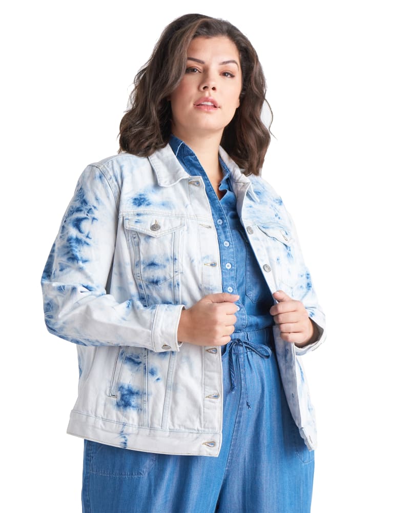 Plus size model wearing Jazlyn Distressed Denim Jacket by Dex Plus | Dia&Co | dia_product_style_image_id:183993